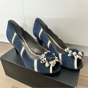 Giorgio Armani Navy Blue Suede Peep-Toe Heels with Cream Floral Accent